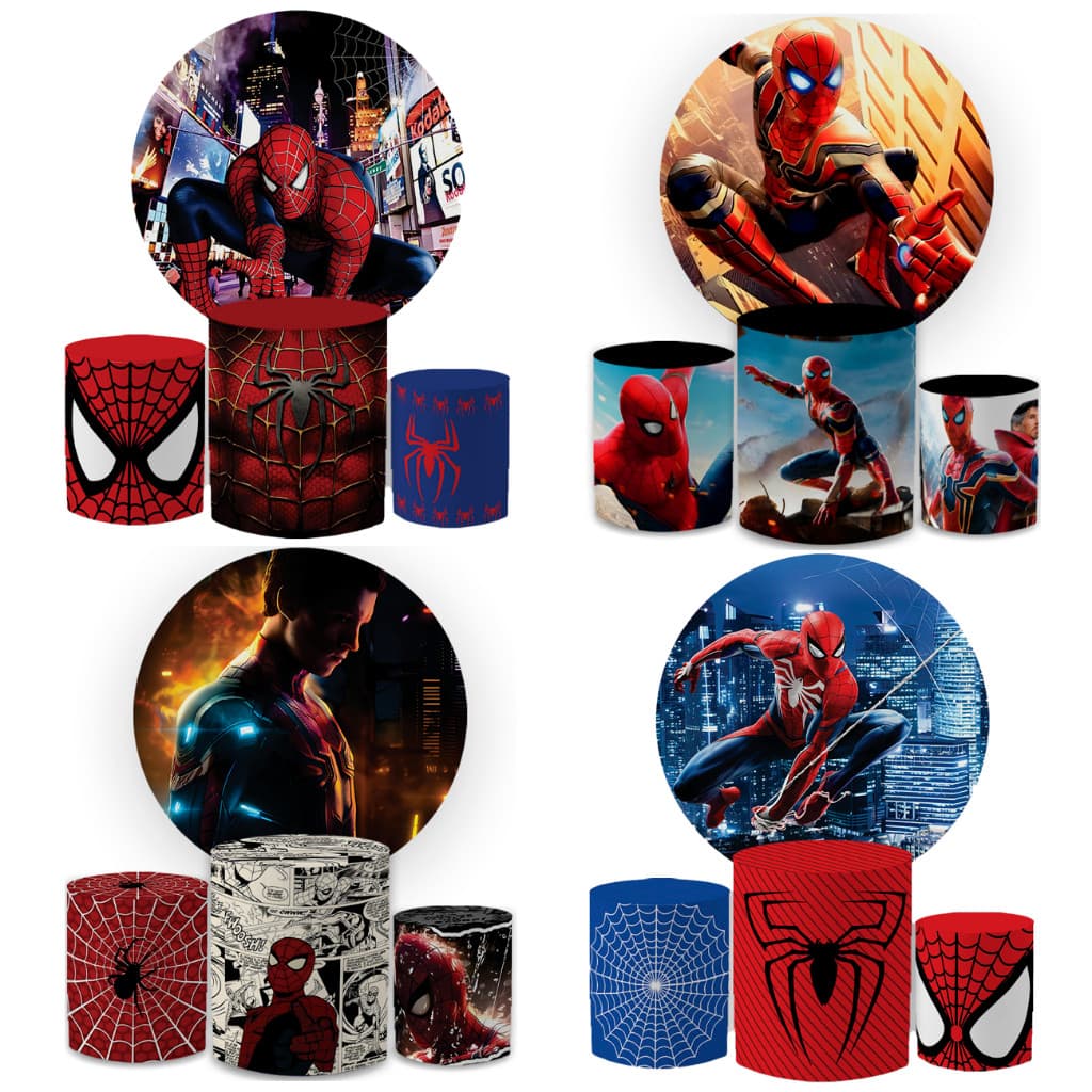 Kit Capa Painel Redondo + Trio Cilindro Homemm Aranh@ Decorativo Festa Sublimado Veste Fácil Em Alta | Envio Já