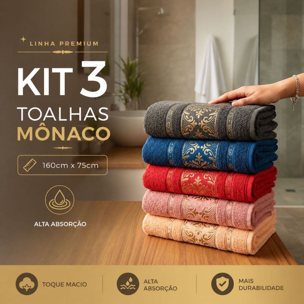 Kit 3 Toalhas de Banho Mônaco 100% Algodão Macia 140cm x 75cm | Grande, Alta Qualidade, Secagem Rápida