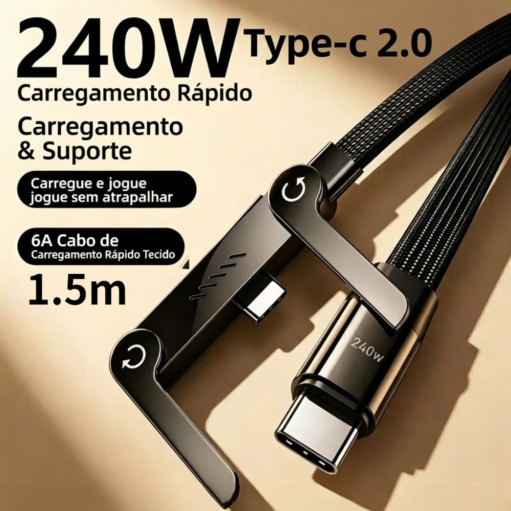 1.5m Cabo Duplo Tipo-C 240W Para Suporte Angular De Dados Cabo Jogos Cotovelo Telefone Dobrável Carregamento Rápido
