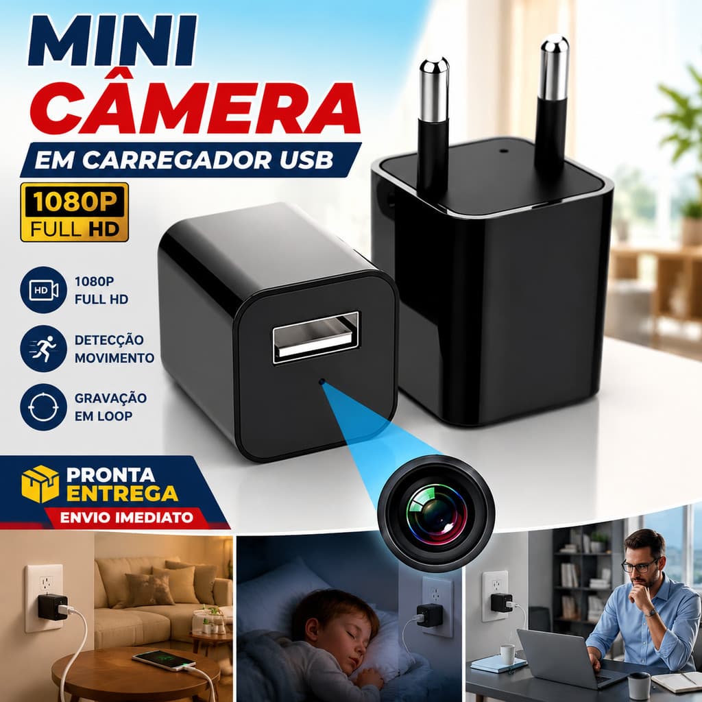 Mini Câmera Espiã Carregador USB 1080P Segurança Vigilância Detecção Movimento