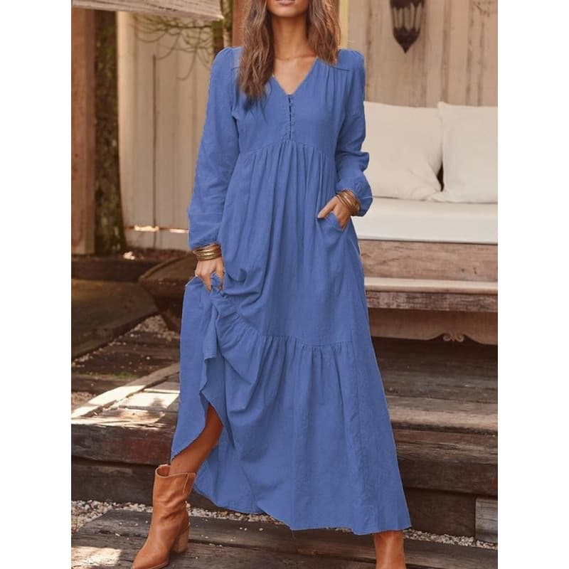 Outono Inverno Algodão Linho Retro Casual Manga Longa Vestido Feminino