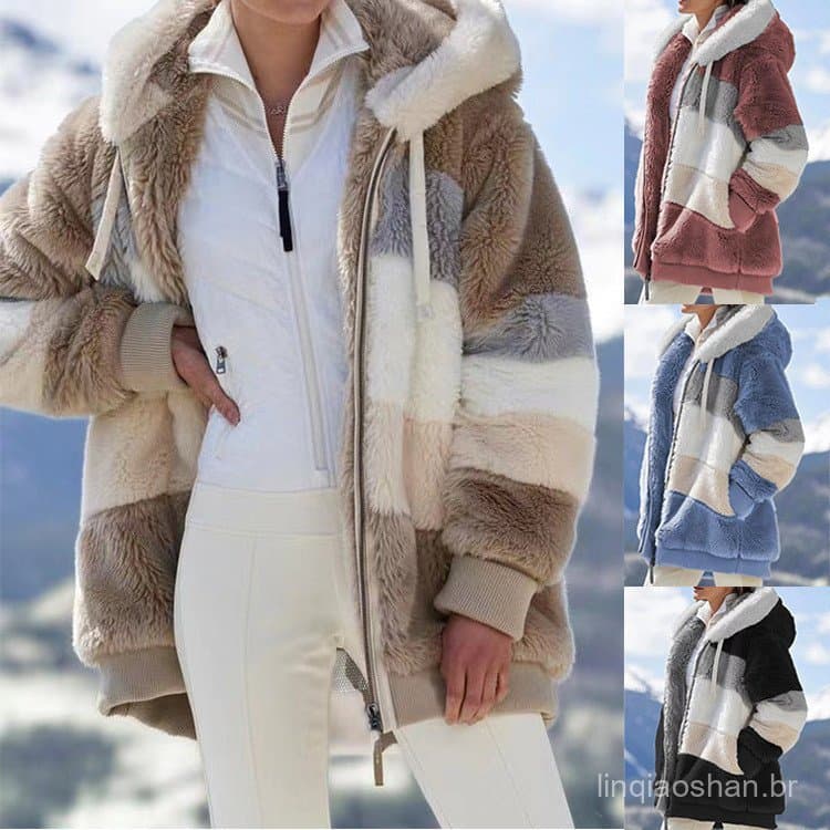 Jaqueta Feminina de Outono e Inverno com Capuz e Forro Multicolorido 0EOM