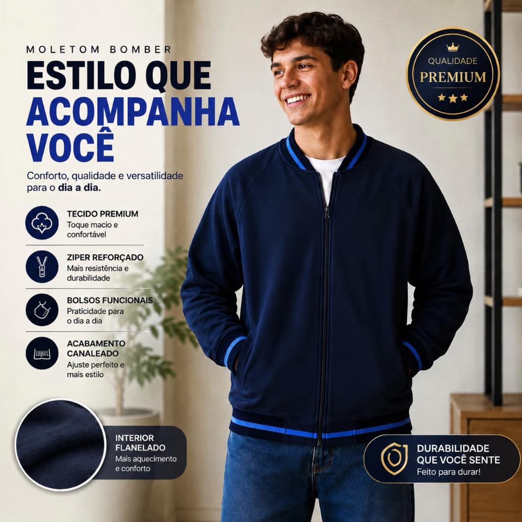Jaqueta Bomber Unissex Moletom Azul Marinho Casual Zíper Premium Feminino Masculino