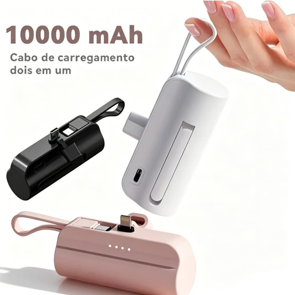 Mini Carregador Portátil Power Bank 10000mAh Com 02 Saídas Tipo-C / Lightning