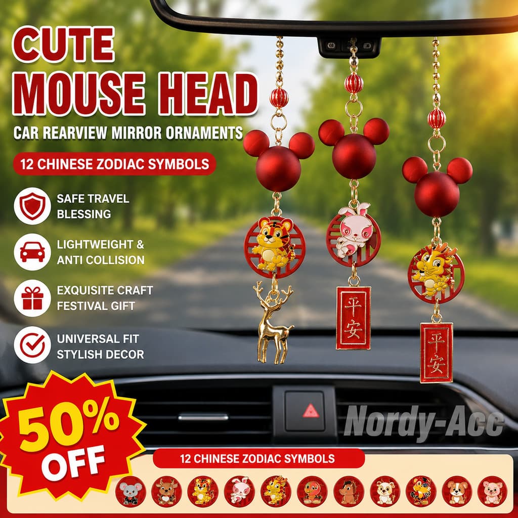 Bonito Dos Desenhos Animados MOUSE Cabeça Espelho Retrovisor Ornamentos 12 Zodíaco Chinês Viagem Segura Ano Novo Pingent