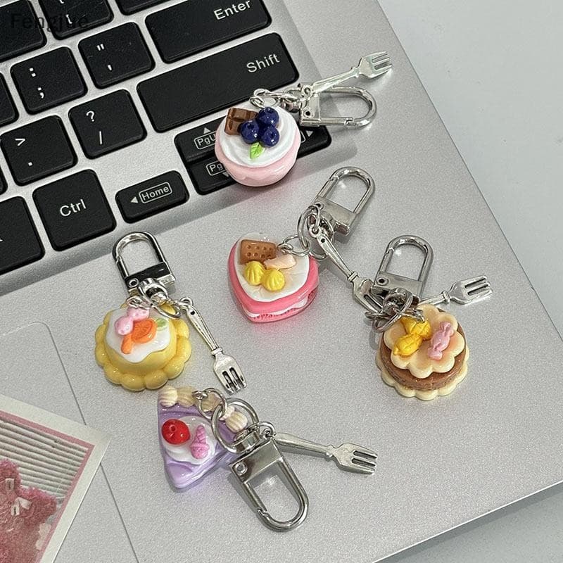 Fengjue Criativo Doce Sobremesa Bolo Garfo Chaveiro Pingente Para Mulheres Homens Bonito Simulação Comida Mochila Decora