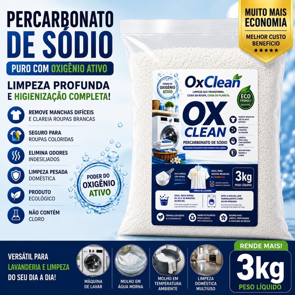 Percarbonato 100% Puro Tira Manchas Roupas Brancas e Coloridas