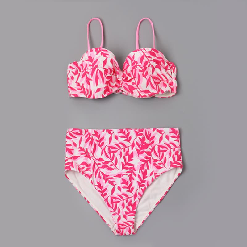 8818 Biquíni feminino de comércio exterior elegante folha rosa barriga estreitando cintura alta triângulo maiô aço