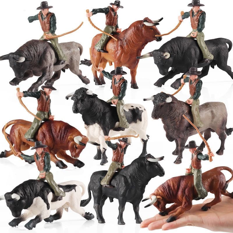 Modelos de animais de fazenda infantis, touro de cowboy, pássaros simulados, vacas, touro, vaca leiteira, colecionáveis