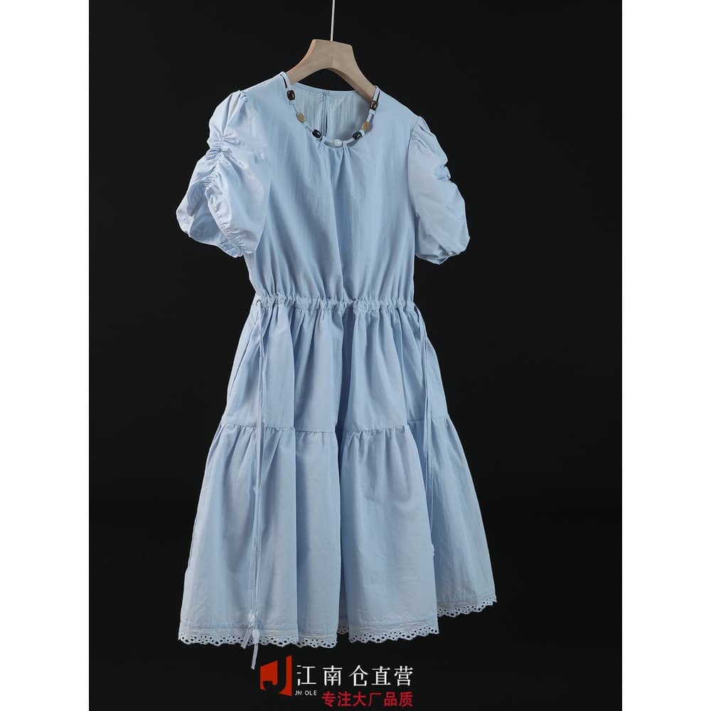 Jiangnancang|Perder liberação!100 Algodão!Estilo francês cintura estreita frisado manga bufante vestido feminino verão s