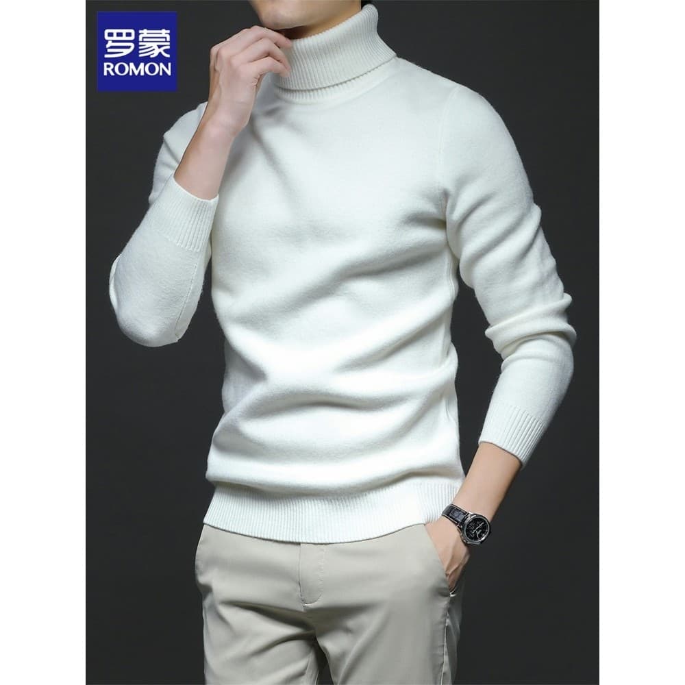Romon camisola de gola alta masculina primavera novo estilo na moda linha de fundo roupas casuais lã branca malhas estil