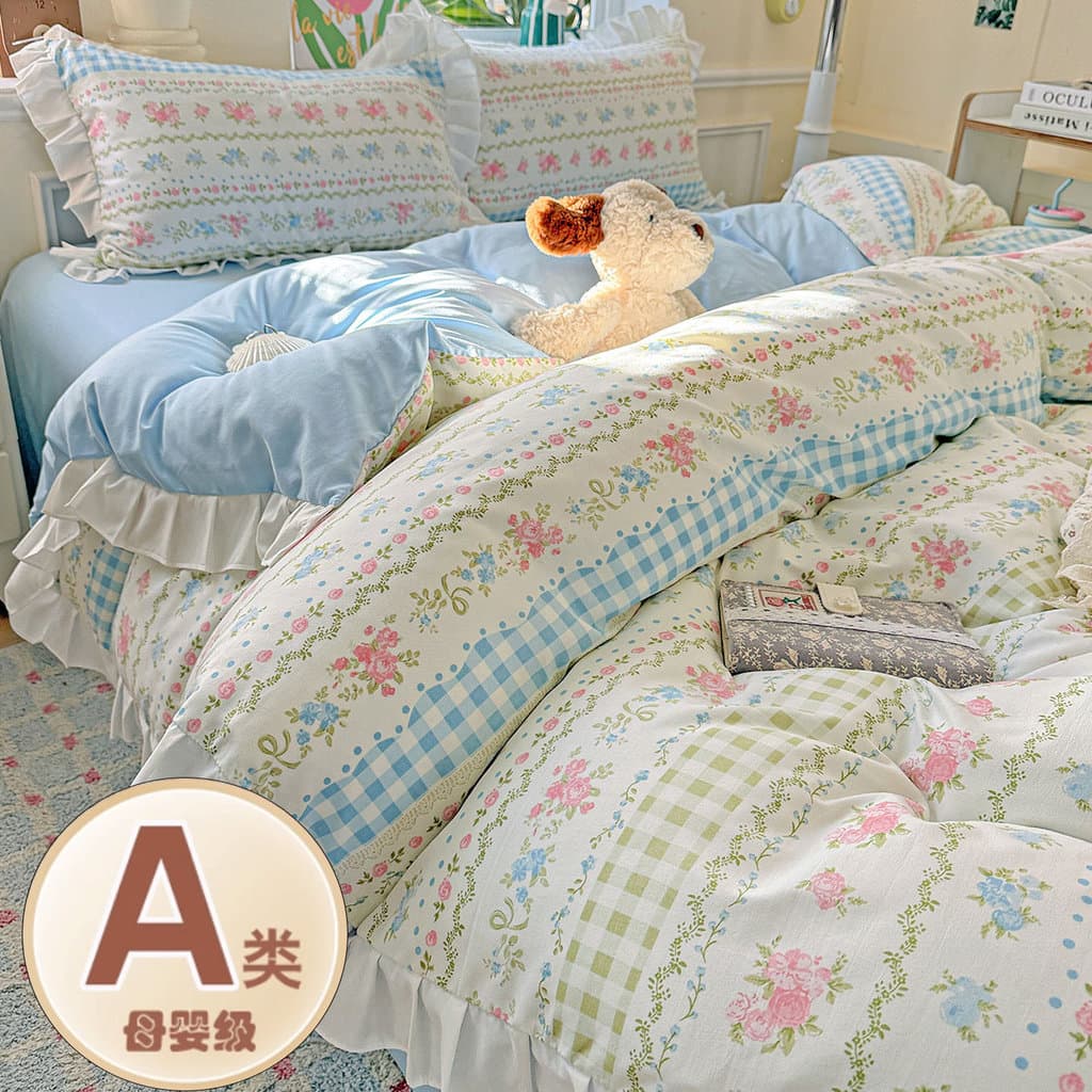 Classe A algodão lavado estilo princesa cama conjunto de quatro peças meninas cama renda colcha capa dormitório estudant