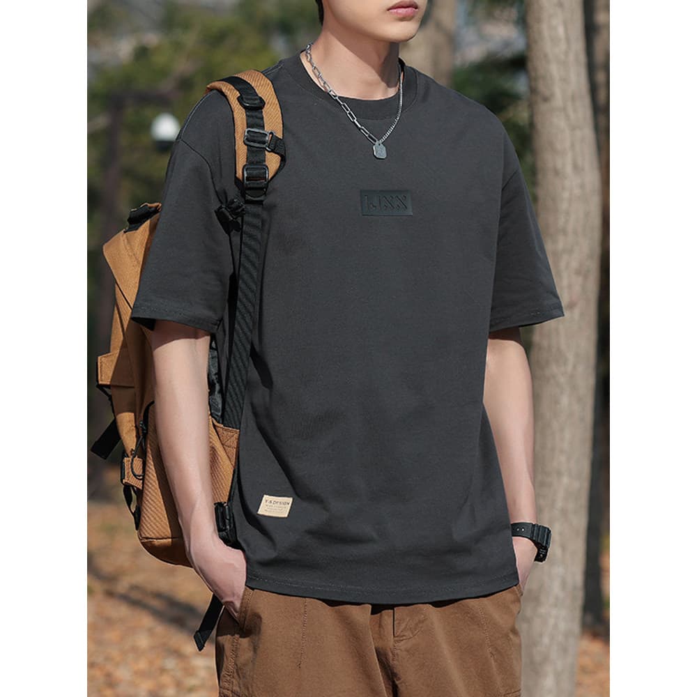 Camiseta pesada puro algodão cor sólida em torno do pescoço manga curta masculina verão novo estilo solto Casual simples