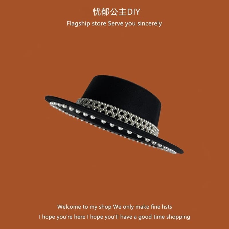 Francês Retro pérola preto chapéu de lã Hepburn aba plana chapéu feminino outono inverno elegante senhoras Jazz britânic
