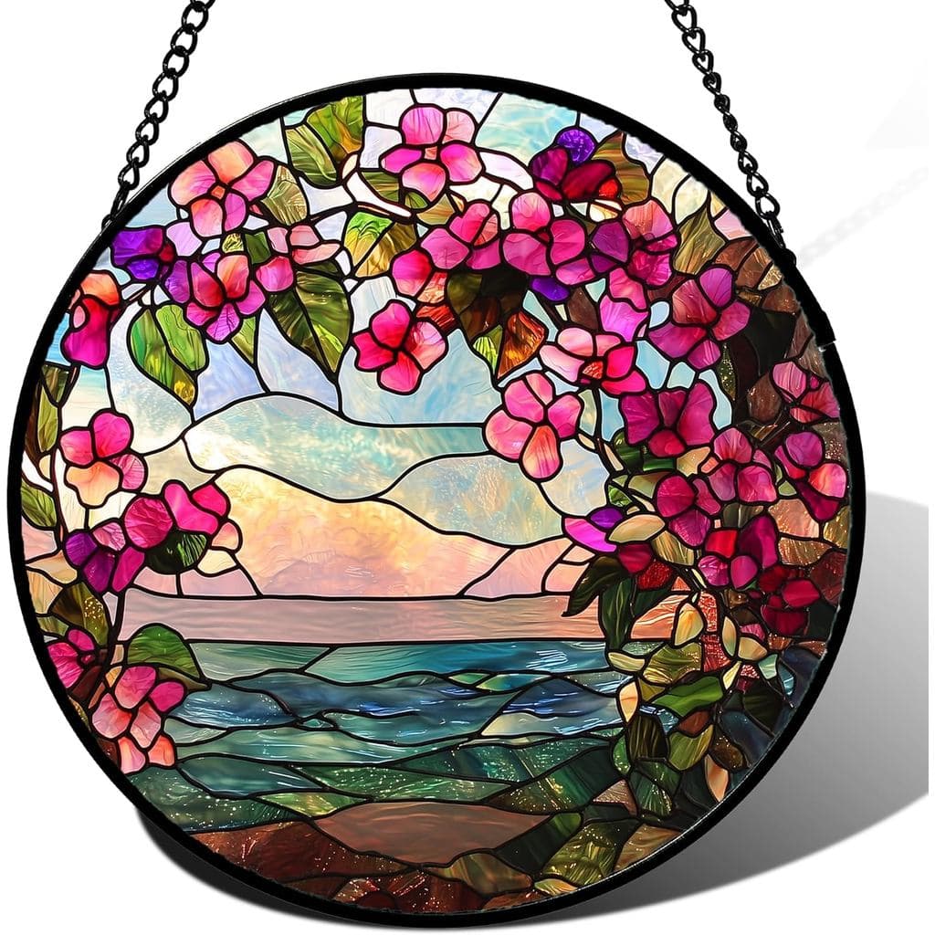 Decoração de Janela em Vitral, Guirlanda de Flores Roxas com Paisagem, Apanhador de Luz Solar para Porta, Decoração de C