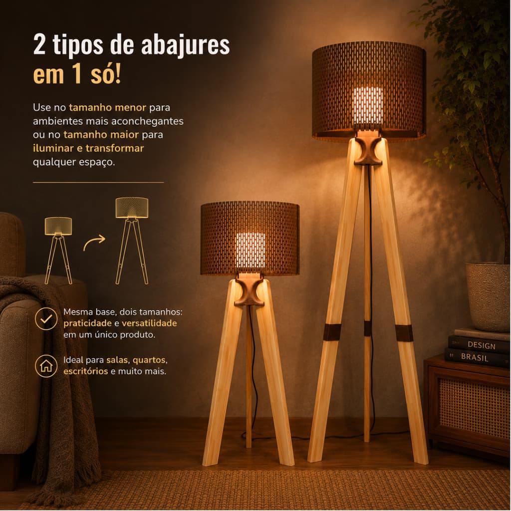 Abajur Luminaria De Chão Tripe Bivolt Decora Seu Quarto Sala