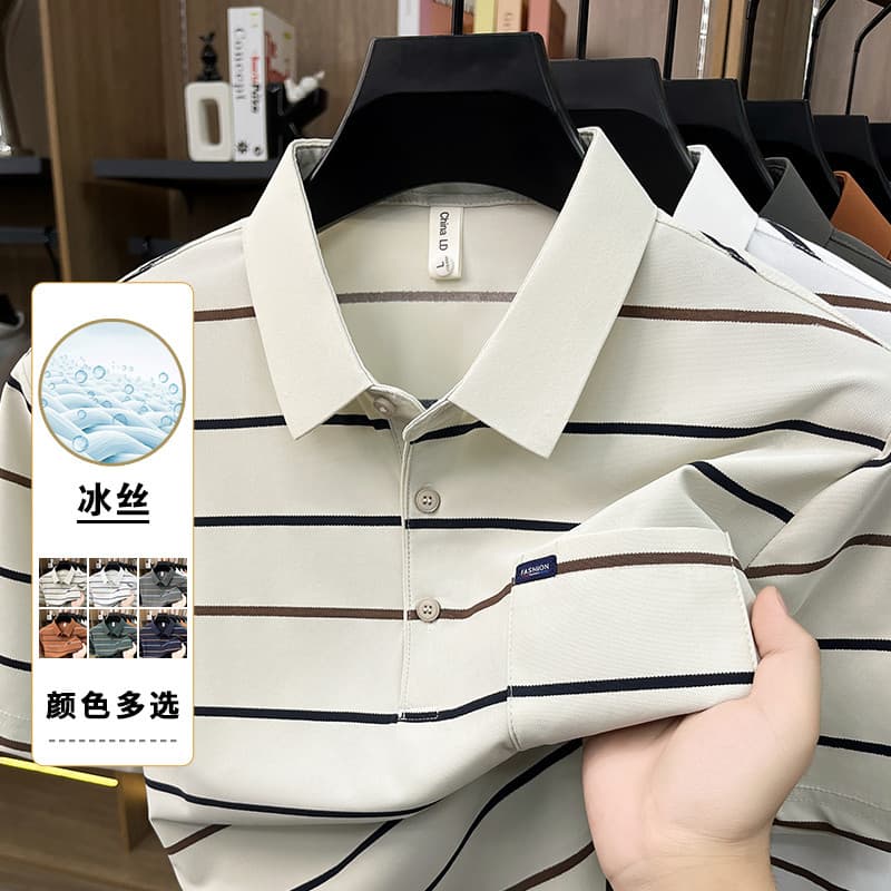 Woodpecker verão masculino gelo seda manga curta camiseta 2026 novo estilo lapela listrado Casual All-Match camisa POLO