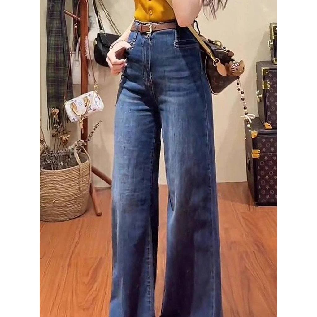 Retro em linha reta perna larga queimado Jeans feminino verão cintura alta mais magro olhar não Leggings ligeiramente qu
