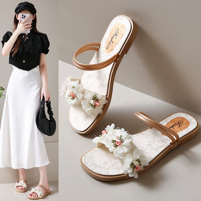 Pano flor estilo francês linda saia combinando sandálias chinelos femininos 2026 novo estilo verão exterior moda dois us