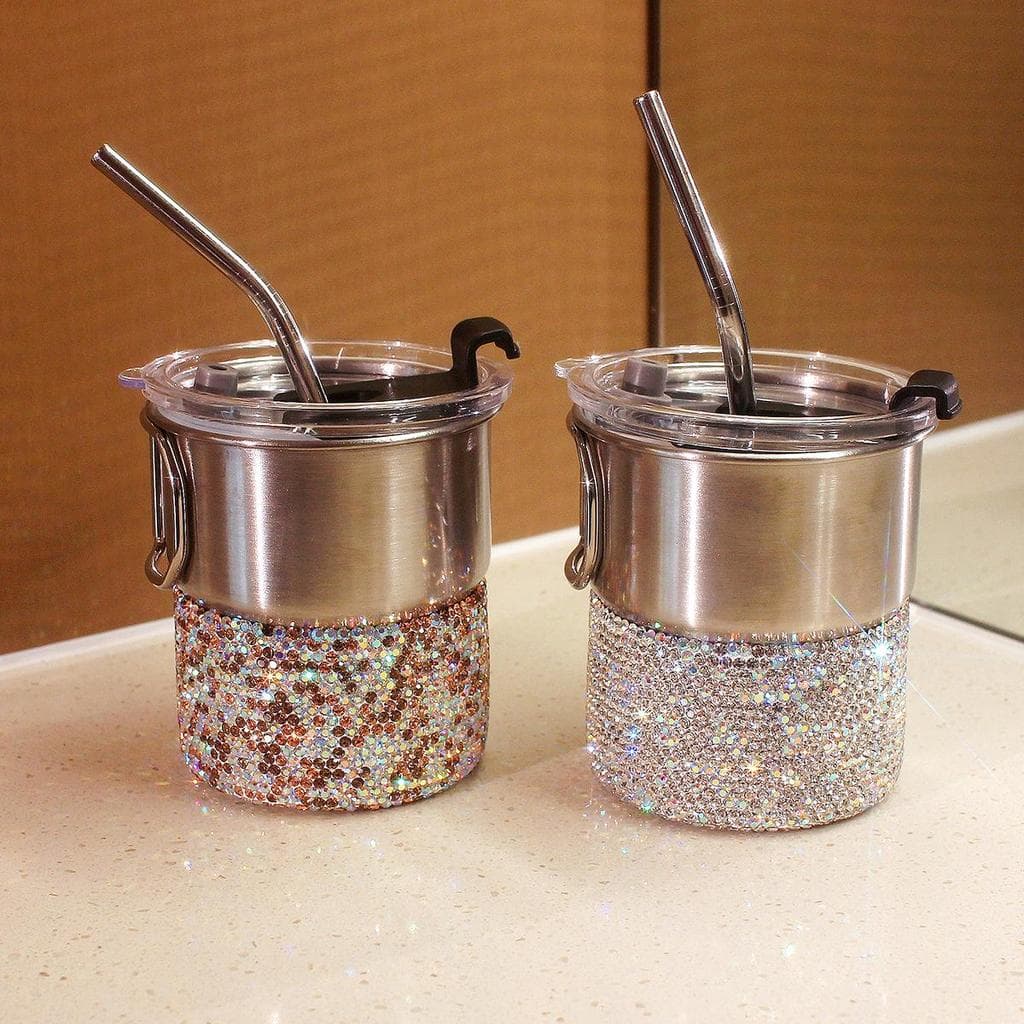 Novo estilo diamante-cravejado com palha 304 aço inoxidável ins estilo copo de acampamento ao ar livre caneca portátil x