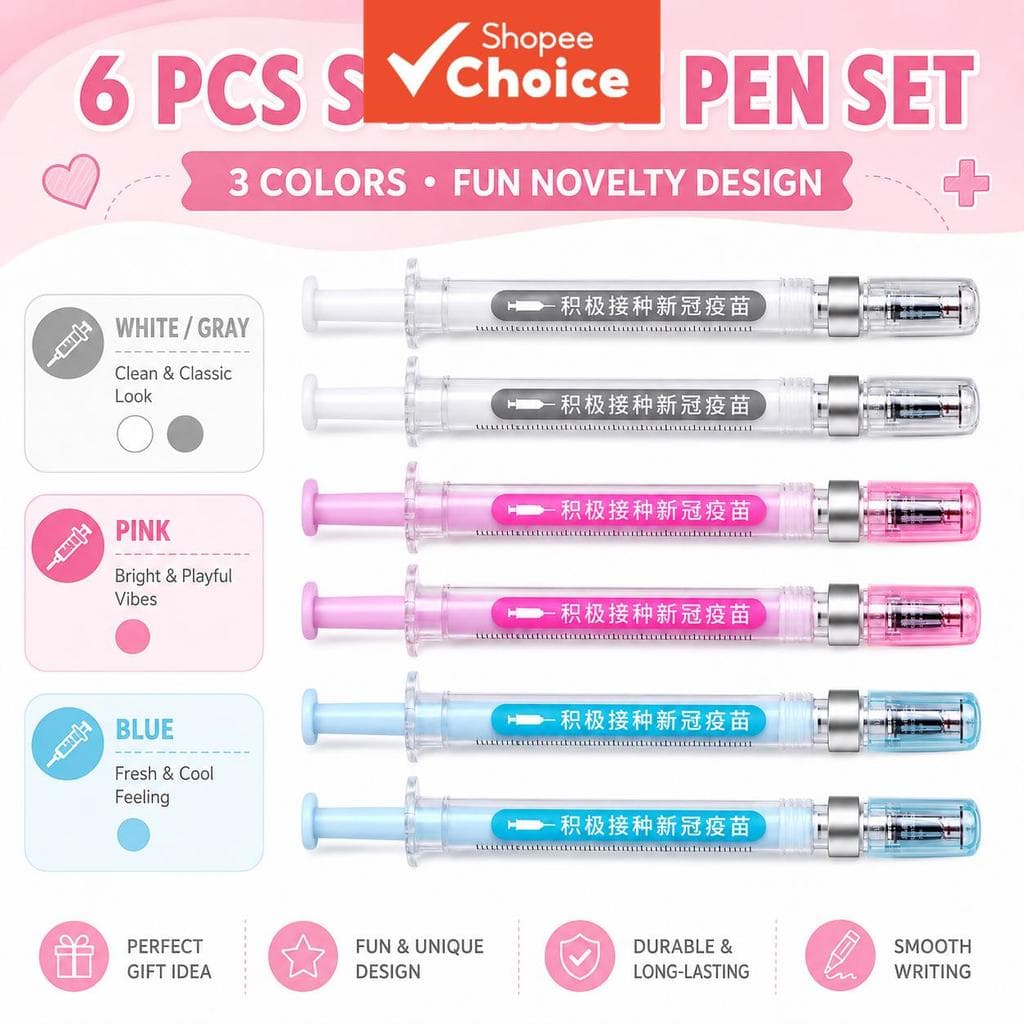Conjunto De Canetas De Gel Para Seringa , 6 Peças , 0.5 Mm , Ponta Fina , Tinta Preta , Tema Médico Criativo , Caneta Es