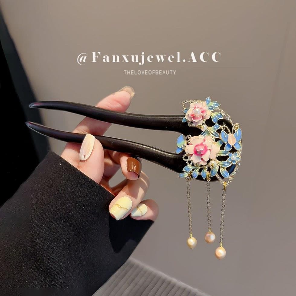 Esmalte colorido peônia flor de madeira maciça hairpin feminino High-End tribunal estilo hairpin pérola borla passo agit