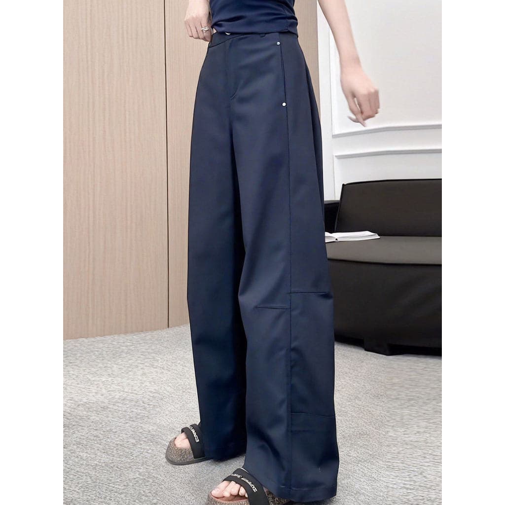 Azul marinho calças casuais femininas 2026 primavera novo estilo tamanho grande cintura alta gordura mm solto mais magro