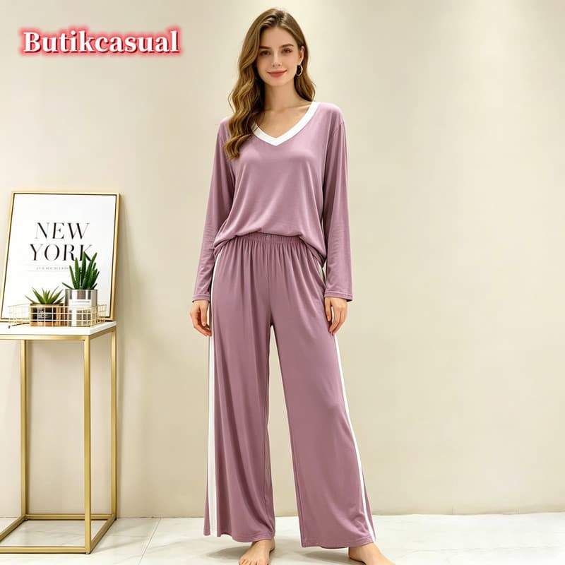 Conjunto Superior Modal Feminino Liso Solto Loungewear Pijamas Manga Longa Camiseta Calça Casa Terno