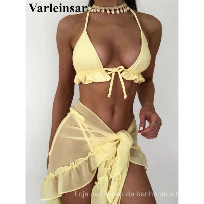 Novo Biquíni Feminino com Sarong e Babados, Conjunto de Biquíni de Três Peças, Roupa de Banho Feminina V4144