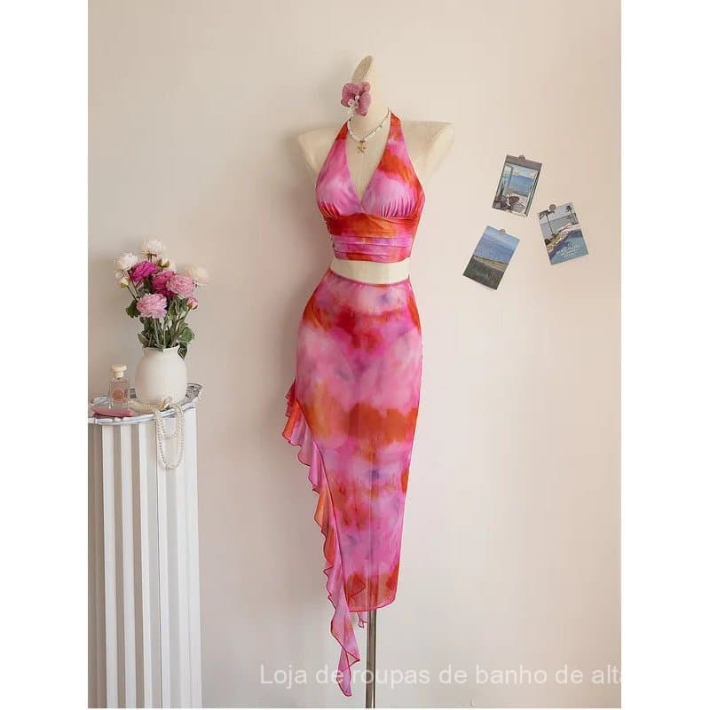 Pink Tie Dye Gradient Bikini Set 2026 Women Halter V Neck Push Up Ruffle Long Skirt 3 Piece Swimsuit Beach Bathing Suit