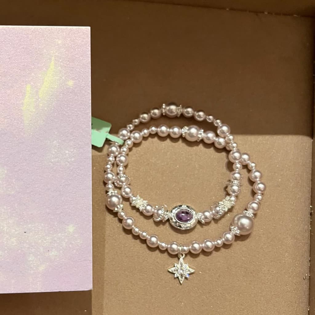 [Estoque pronto] Pulseira de pérola de diamante piscante estrela estilo doce temperamento de sensação de alta qualidade