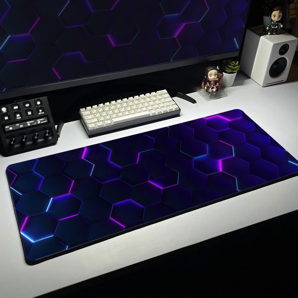 Mousepad Grande Padrão de Colmeia Iluminação Neon Base Antiderrapante Compatível com Setup Gamer