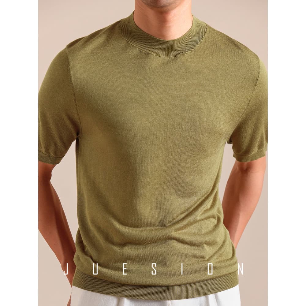 [Cool Acetate Tencel] JUSION Camiseta masculina de malha de manga curta de verão respirável cor sólida camisa de fundo c