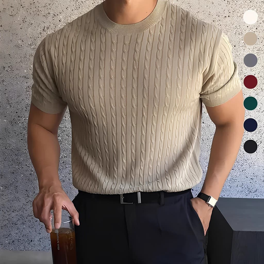 Verão masculino cor sólida em torno do pescoço torção malha de manga curta topo fino-ajuste Casual mostrando figura esti