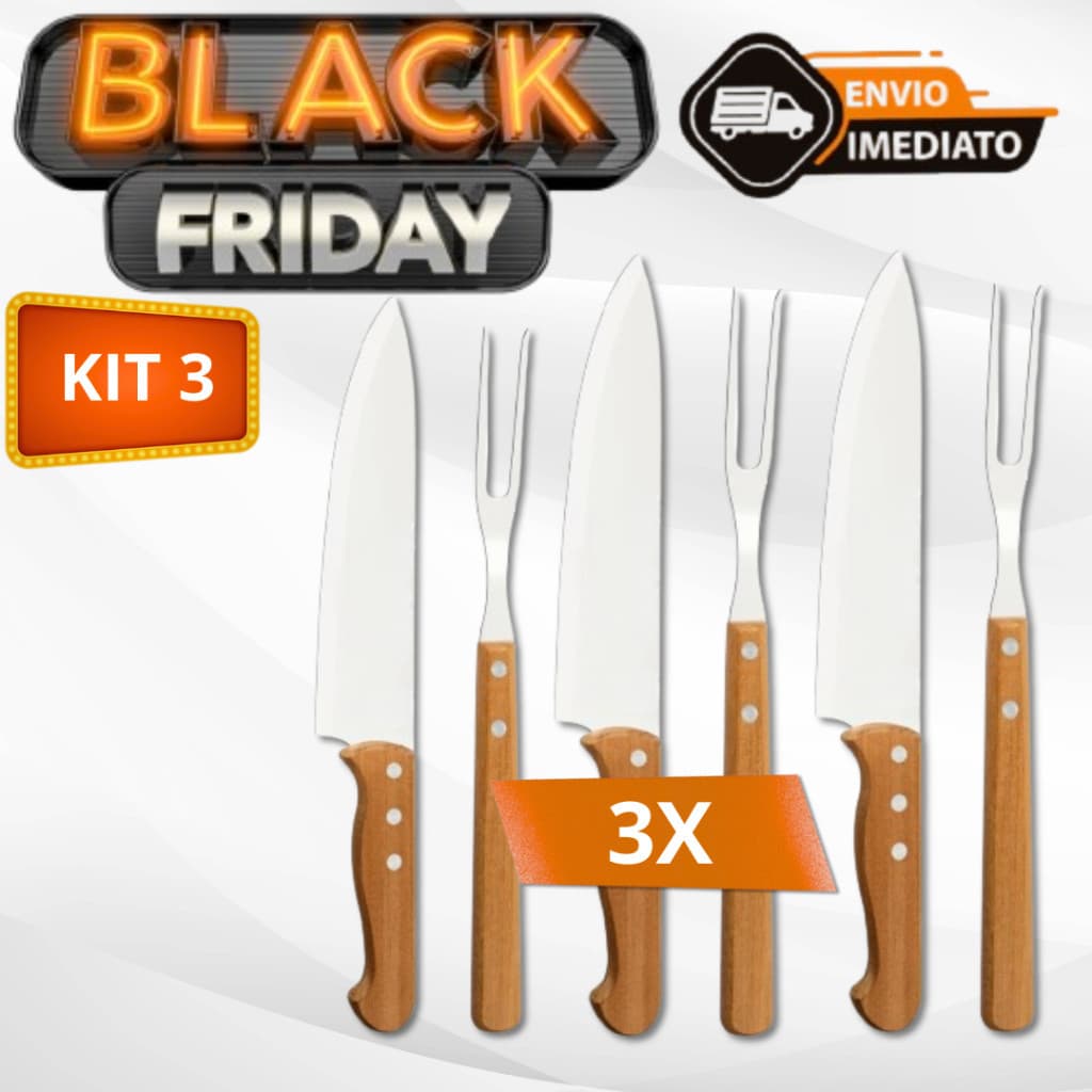 Kit 3 Churrasco Trinchante 2 Peças Aço Inox Garfo e Faca Envio Imediato