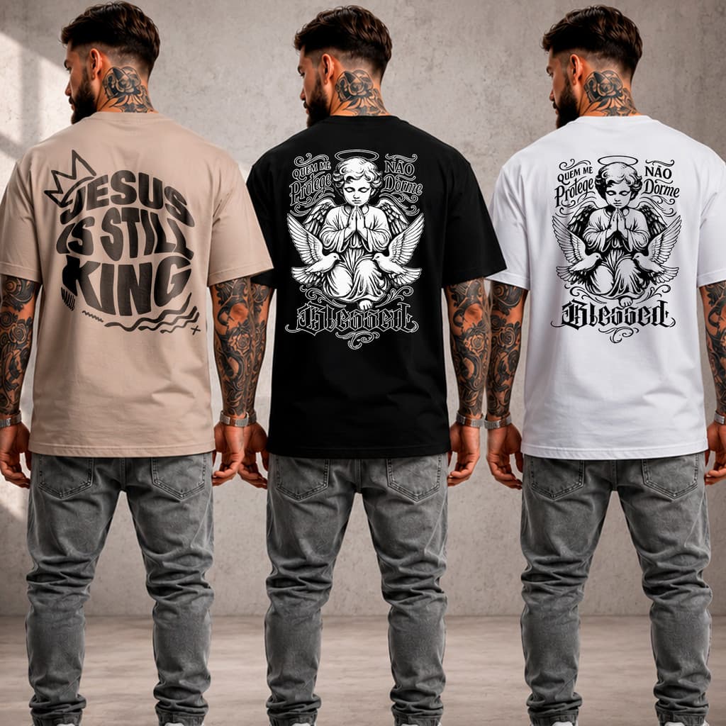 Kit 3 camiseta algodão estampada masculina streetwear anjo tecido premium 30.1 penteado