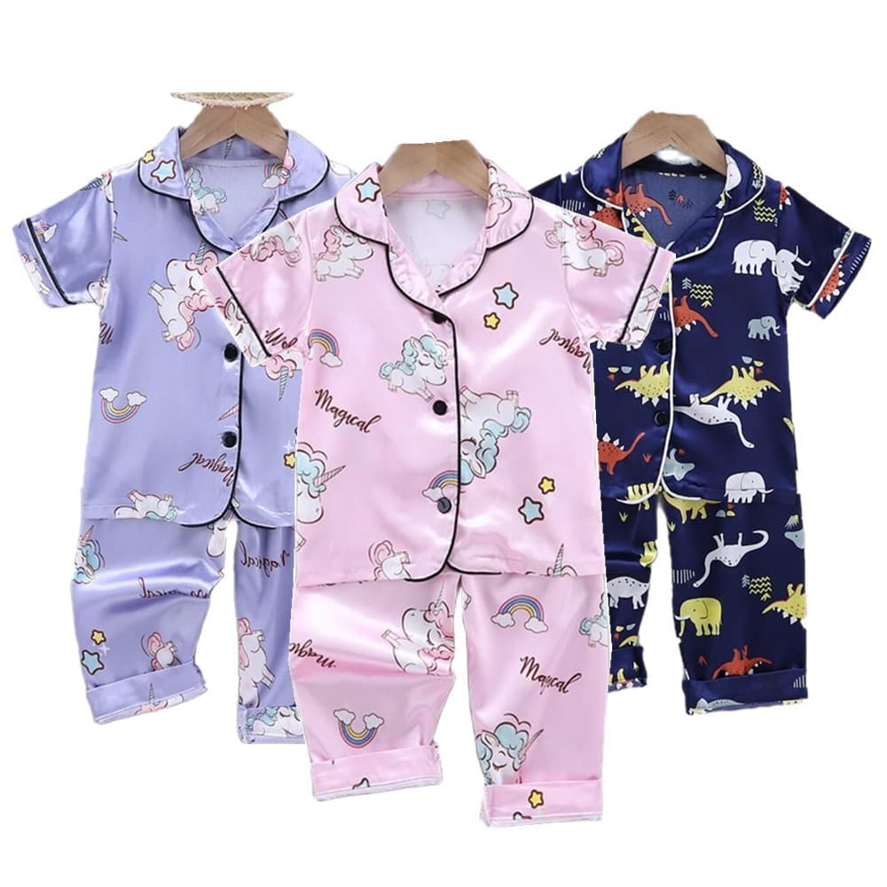Conjunto de Pijama Infantil de Unicórnio Feito de Algodão de Seda Gelada, Camiseta de Manga Curta + Calças, Adequado par