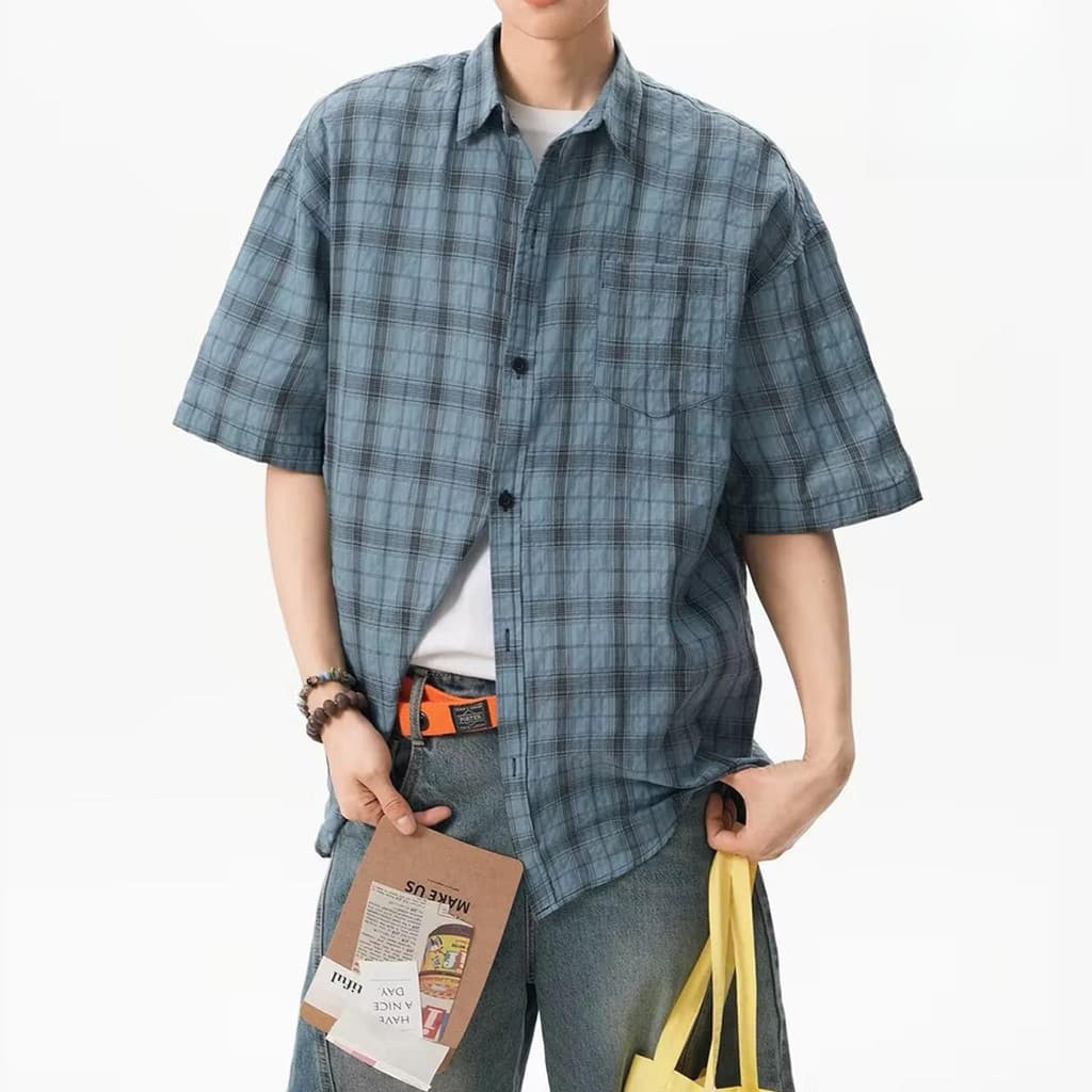 Camisa xadrez retrô americana de manga curta verão fina Casual estilo preguiçoso camisa externa sensação solta jaqueta d