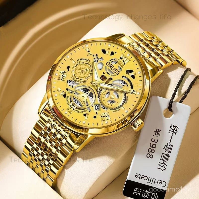 Relógio de Pulso Masculino ORUSS Original Dourado em Aço Inoxidável de Luxo com Calendário, à Prova d'Água, Luminoso, An