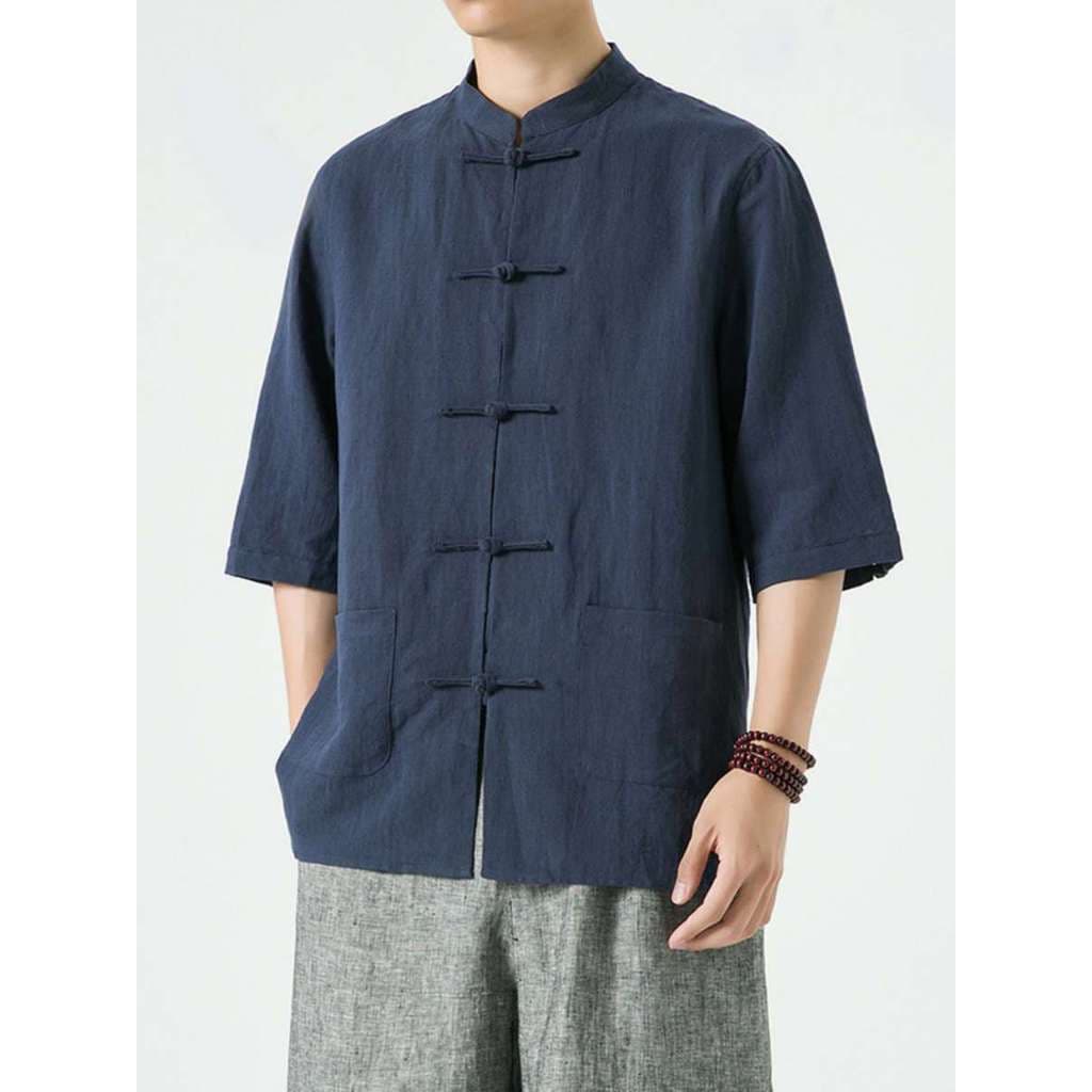 Estilo chinês camisa de linho masculina estilo chinês Tang terno algodão linho camisa de manga de três quartos verão gol