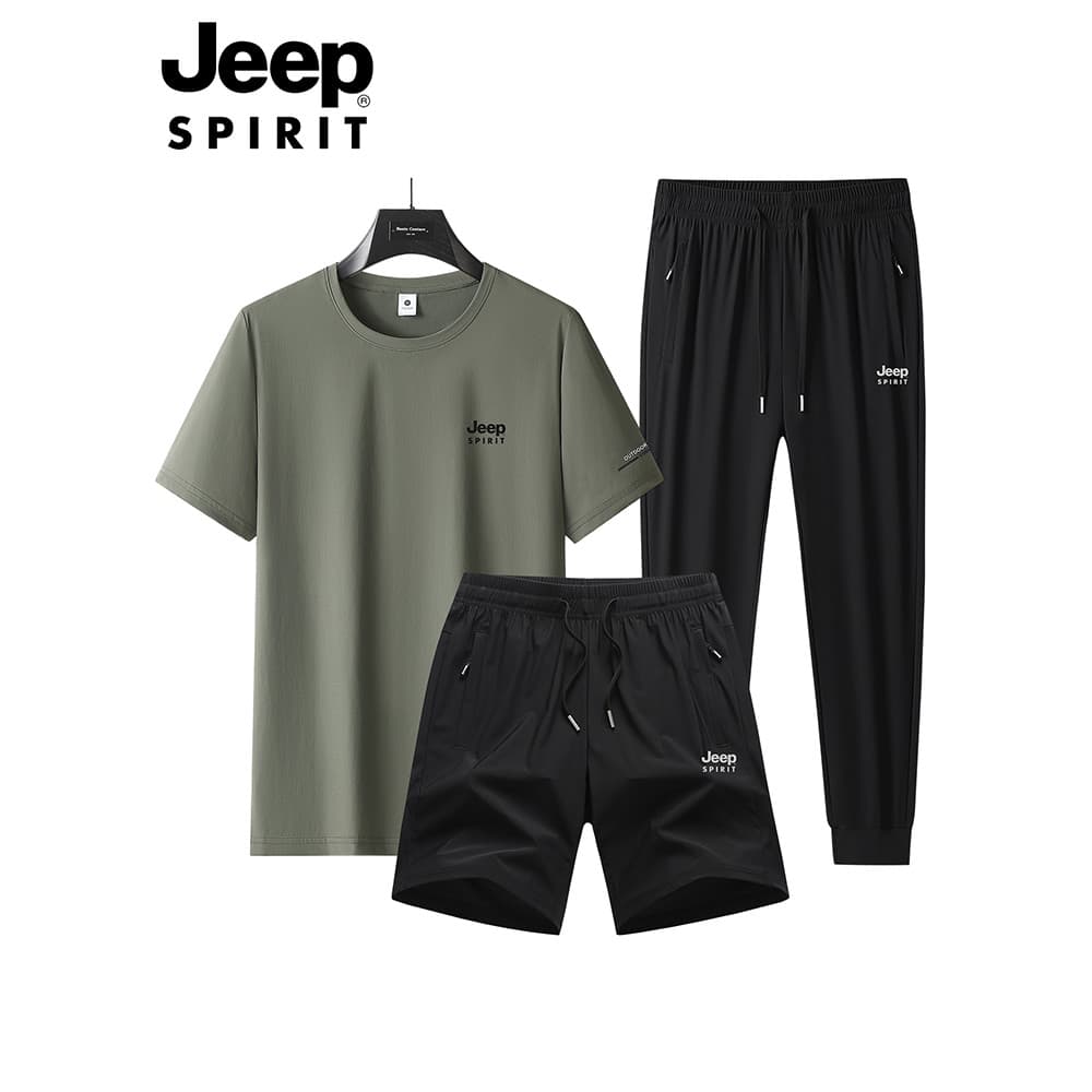 JEEP SPIRIT Terno esportivo masculino verão em torno do pescoço Shorts de manga curta conjunto de três peças de secagem