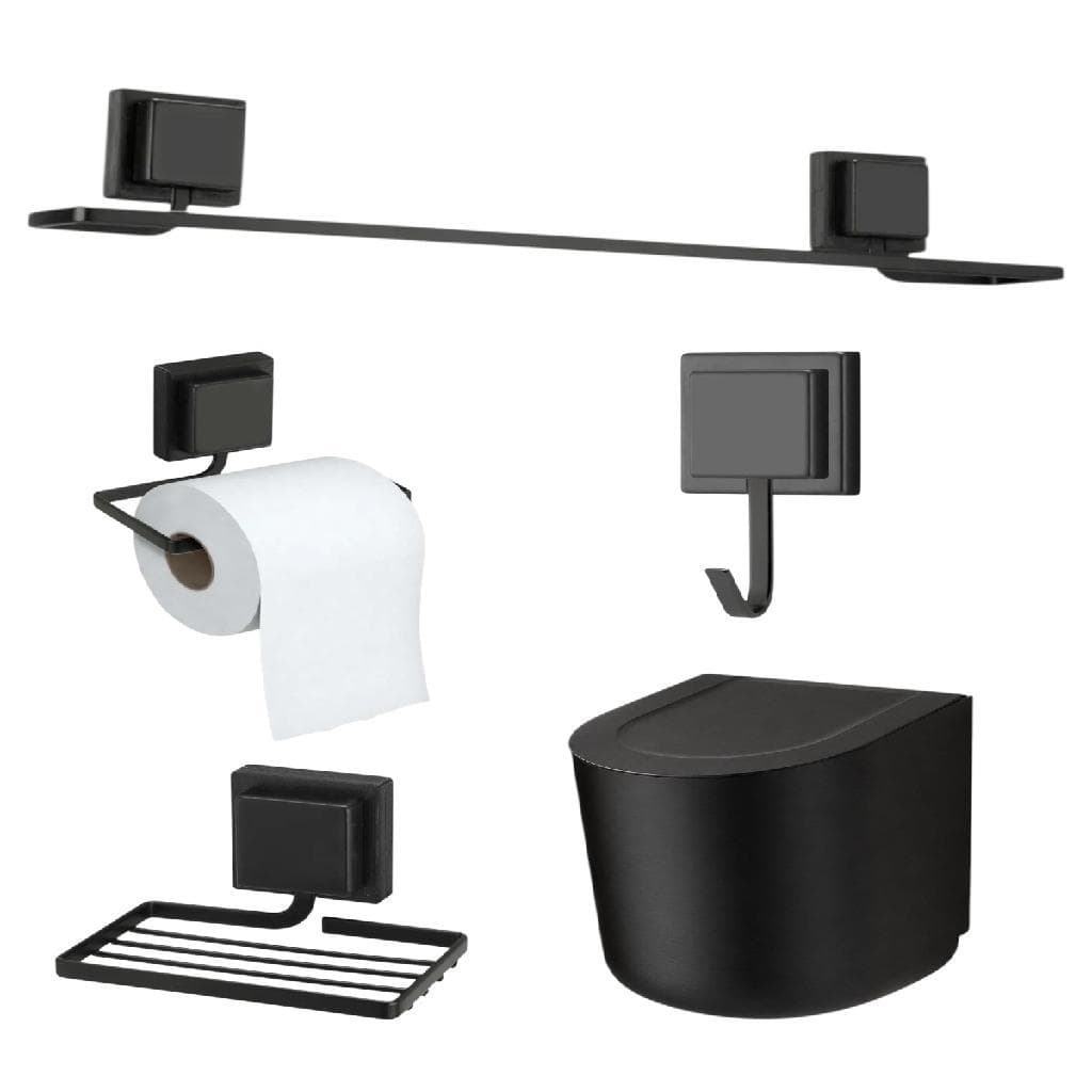 Kit Banheiro Preto 5 Peças Arthi Sem Furo Fita 3M Completo Porta Toalha Porta Papel Saboneteira Gancho Lixeira