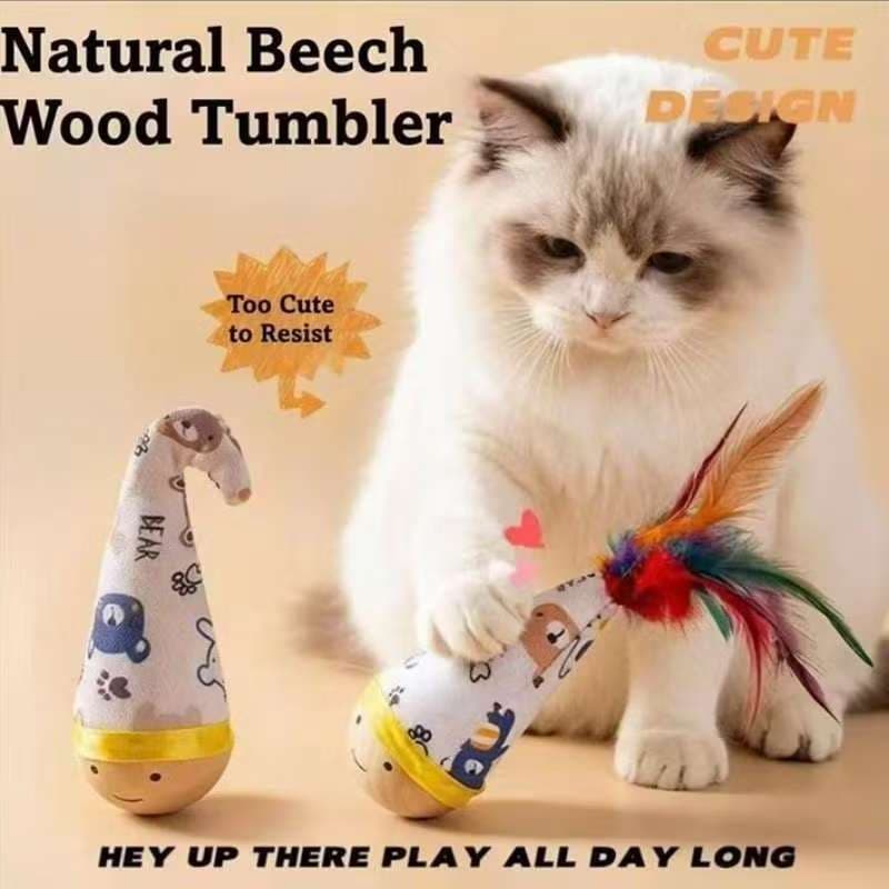 Brinquedo para gatos em madeira de faia natural, resistente a arranhões e mordidas, com varinha de penas para provocar g