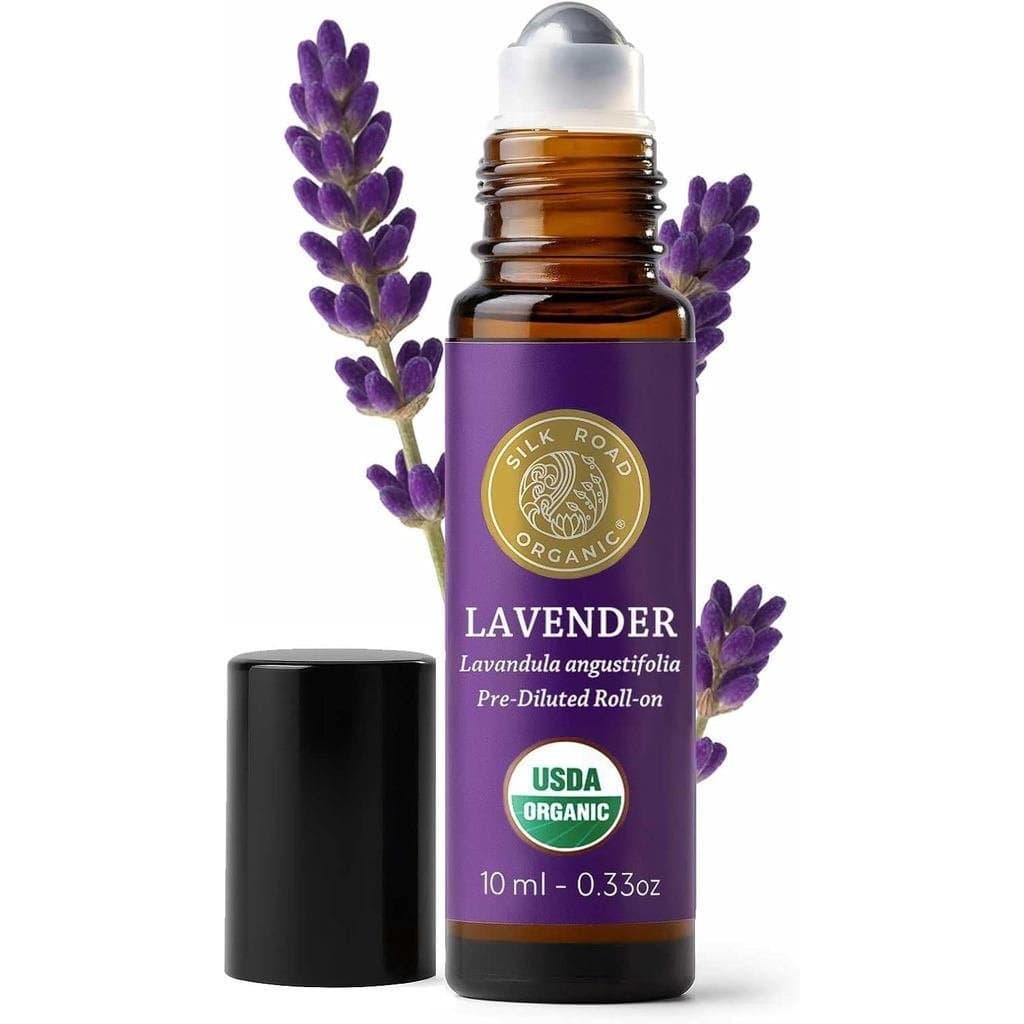 Óleo Essencial de Lavanda Orgânico Silk Road em Frasco Roll-On, usado para alívio do estresse, calmante e relaxante. |