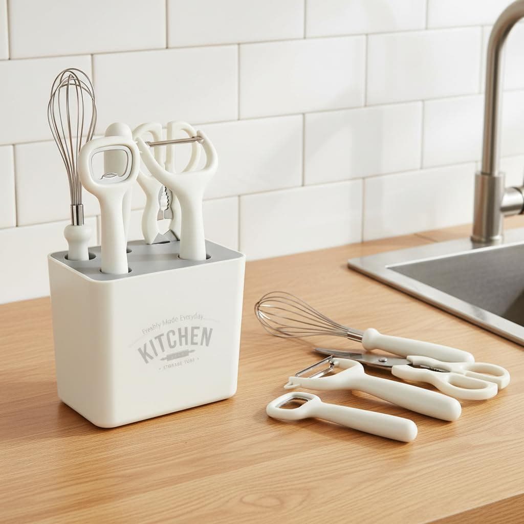 Conjunto de Utensílios de Cozinha com Suporte de Armazenamento, Conjunto de 6 Peças em Aço Inoxidável Branco, Inclui Des