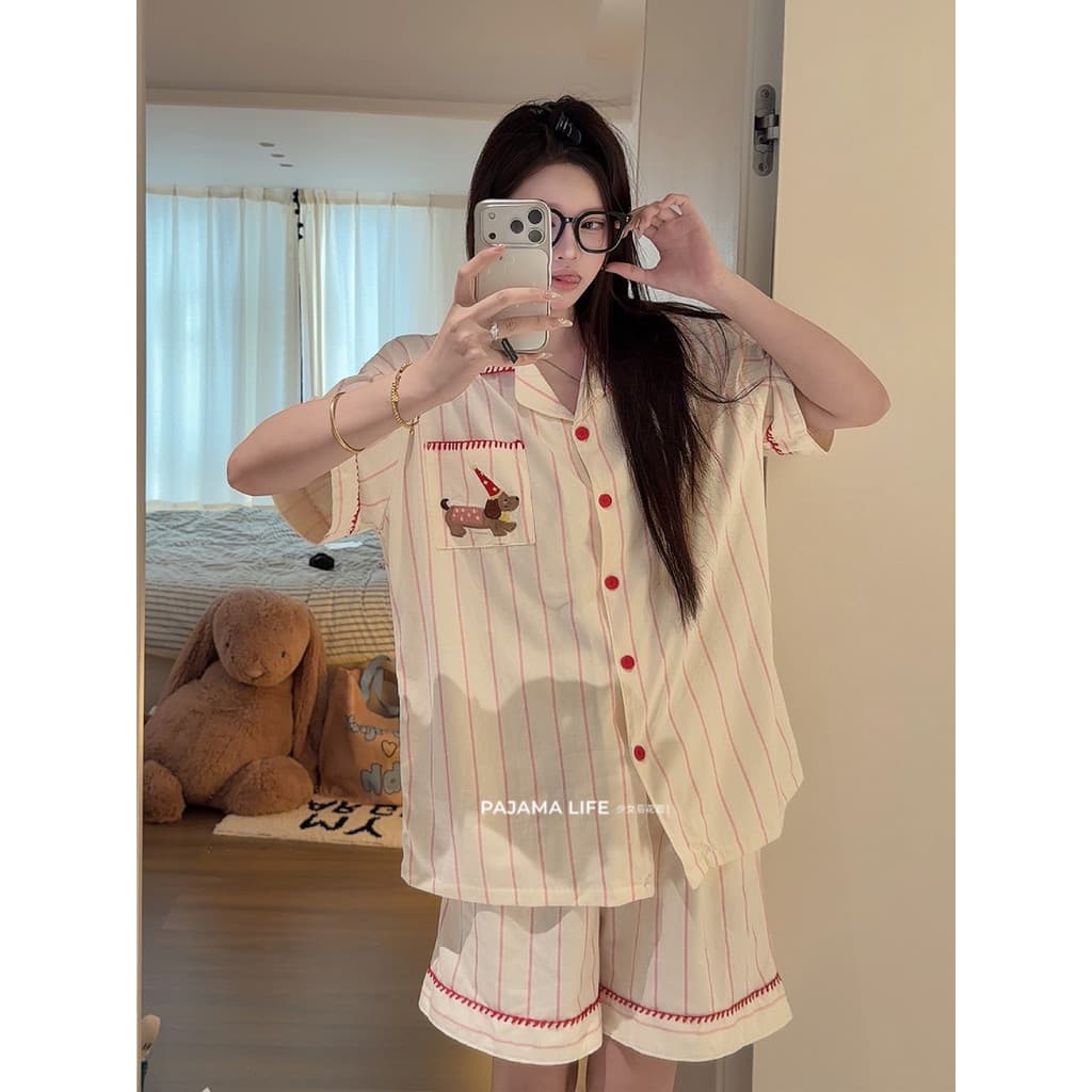 Bonito listrado aniversário filhote de cachorro puro algodão pijamas feminino verão de manga curta dormitório estudante