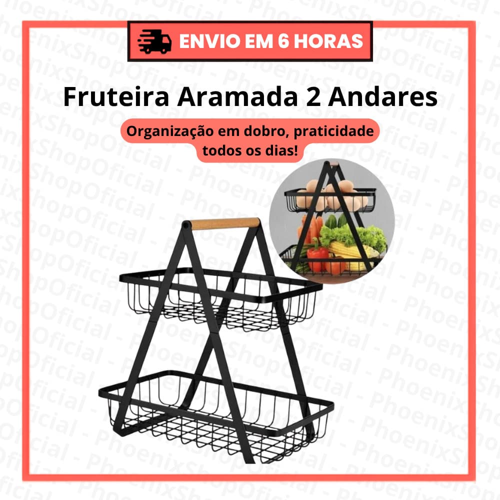 Fruteira de Mesa Aramada 2 Andares em Metal com Alça de Madeira Organizador Multiuso