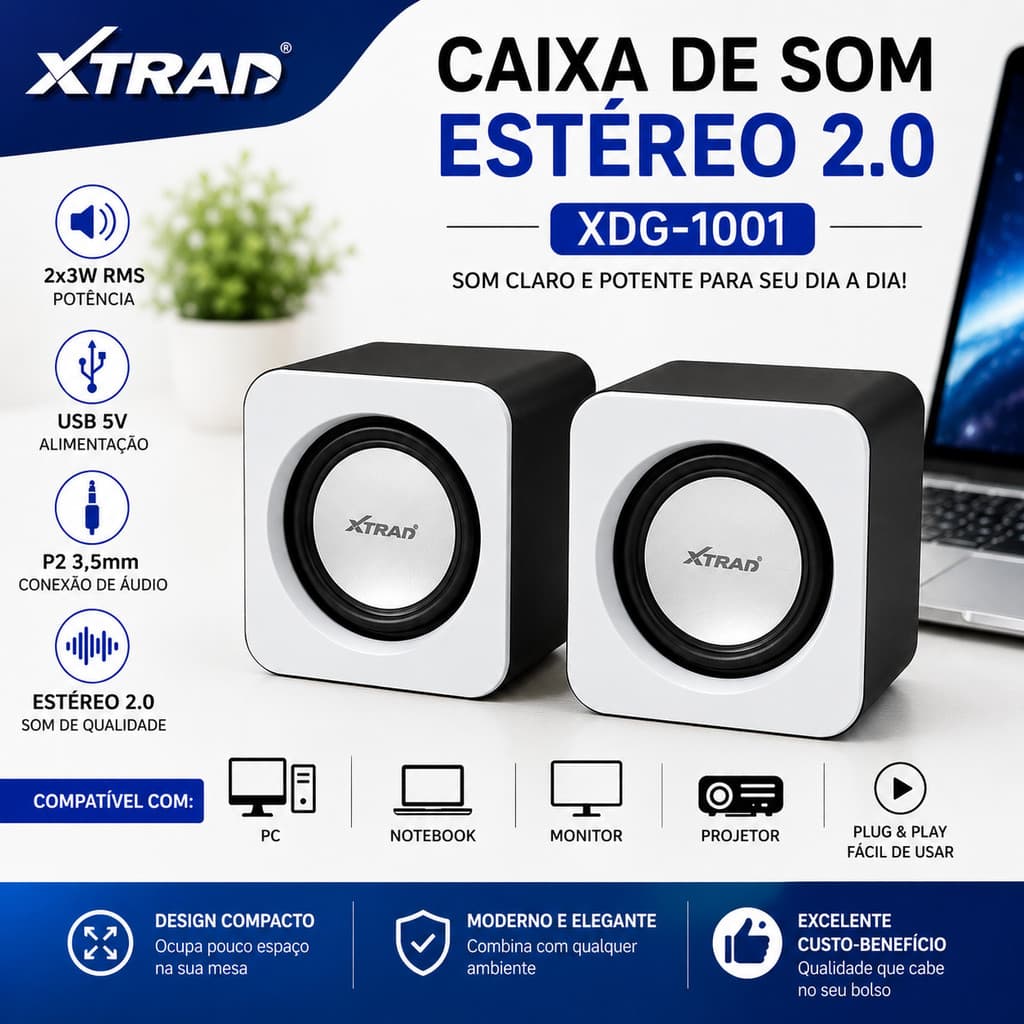 Caixa de Som XTRAD USB para PC Notebook Estéreo 2.0 2x3W RMS Áudio P2 3,5mm Compacta e Potente XDG-1001