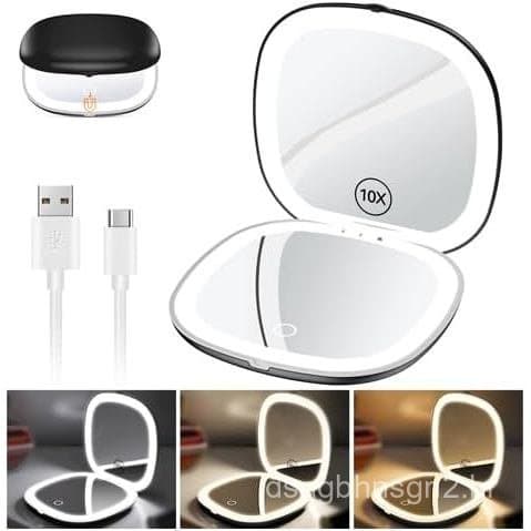 Espelho de Maquiagem Compacto Recarregável Benbilry com 3 Cores de Luz e Ampliação de 1X / 10X, Espelho de Viagem LED Pe
