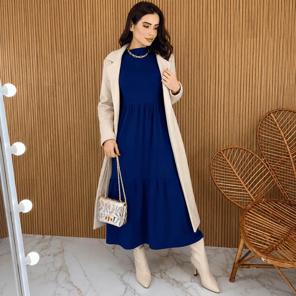 Vestido Longo Feminino Liso Elegante Tecido de Malha Fluído Confortável Versátil - 442